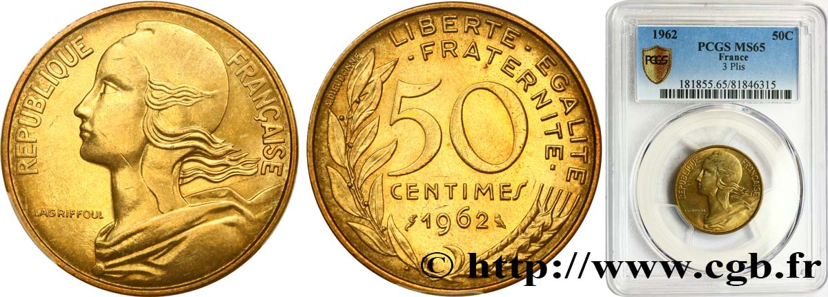 50 centimes Marianne, col à trois plis 1962 Paris F.197/2 FDC65 PCGS