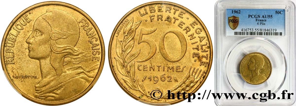 50 centimes Marianne, col à 4 plis 1962 Paris F.197/3 SPL55 PCGS