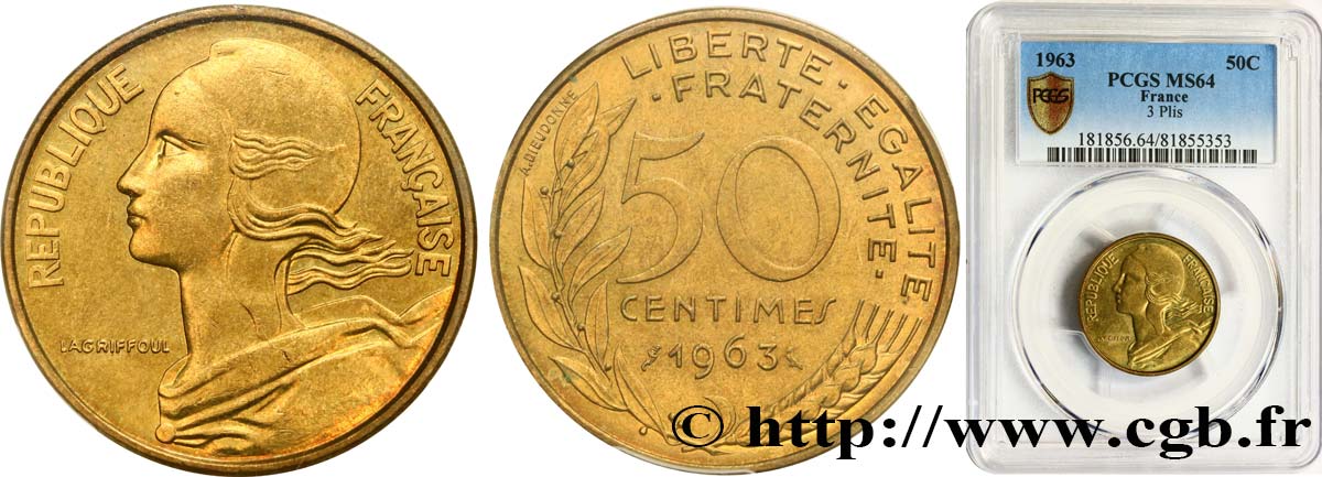 50 centimes Marianne, col à trois plis 1963 Paris F.197/4 SPL64 PCGS