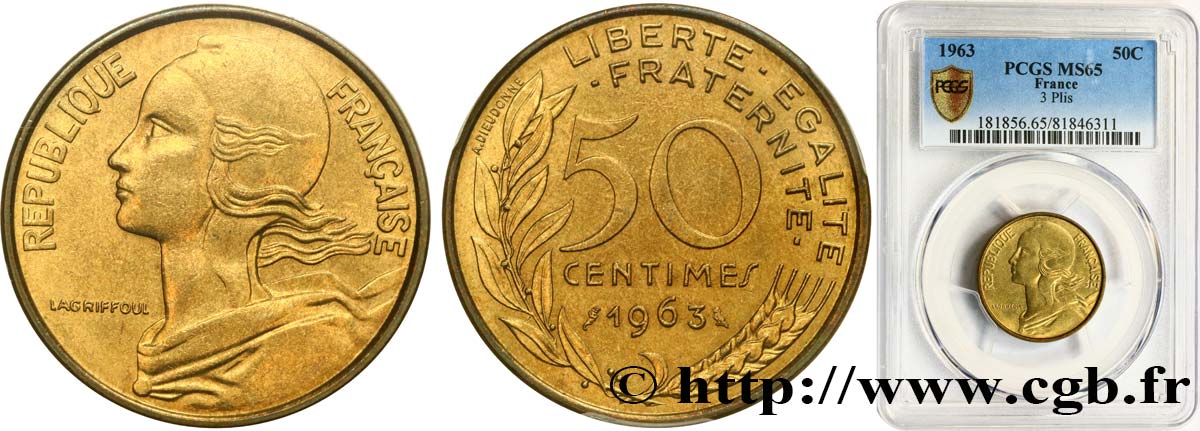 50 centimes Marianne, col à trois plis 1963 Paris F.197/4 FDC65 PCGS
