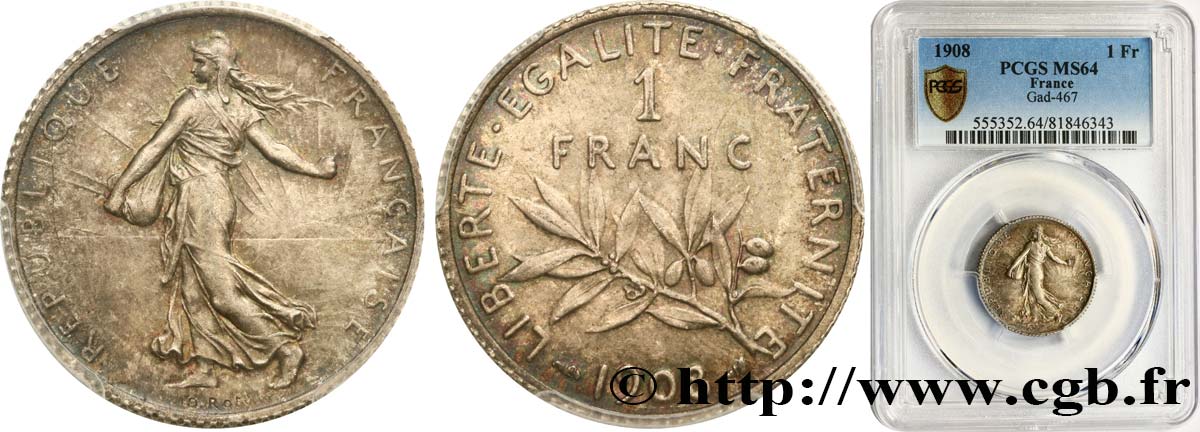 1 franc Semeuse 1908 Paris F.217/13 SPL64 PCGS