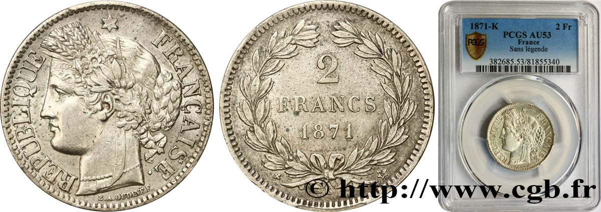 2 francs Cérès, sans légende 1871 Bordeaux F.264/4 TTB53 PCGS