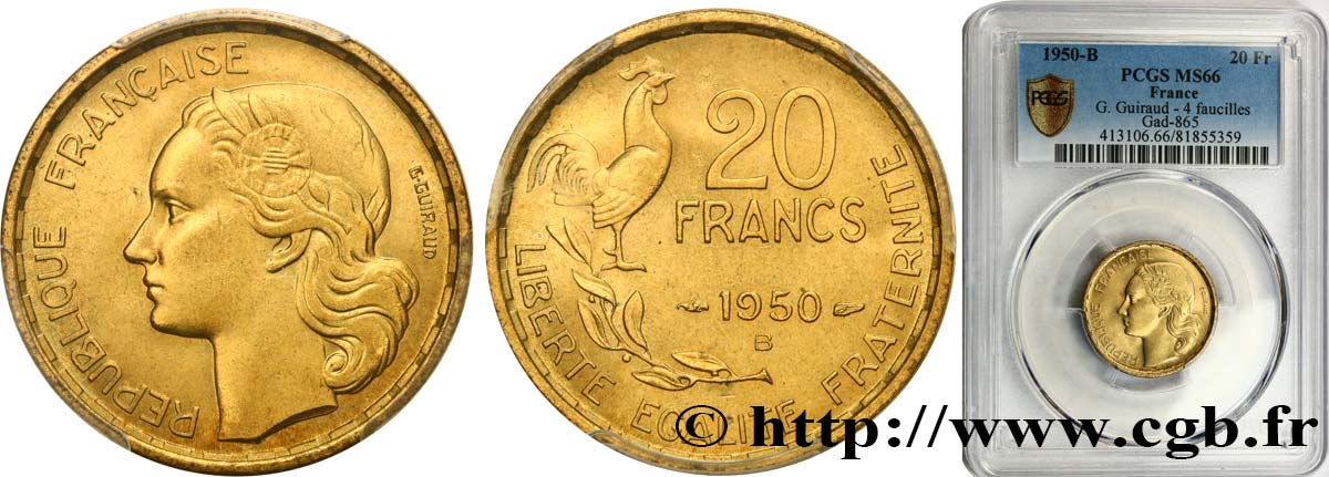 20 francs G. Guiraud 1950 Beaumont-Le-Roger F.402/4 ST66 PCGS