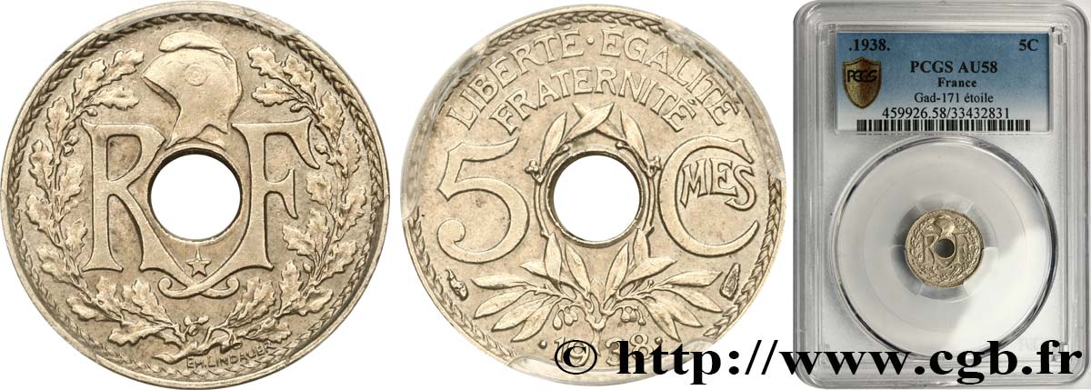 5 centimes Lindauer, maillechort 1938 Paris F.123/1 AU58 PCGS