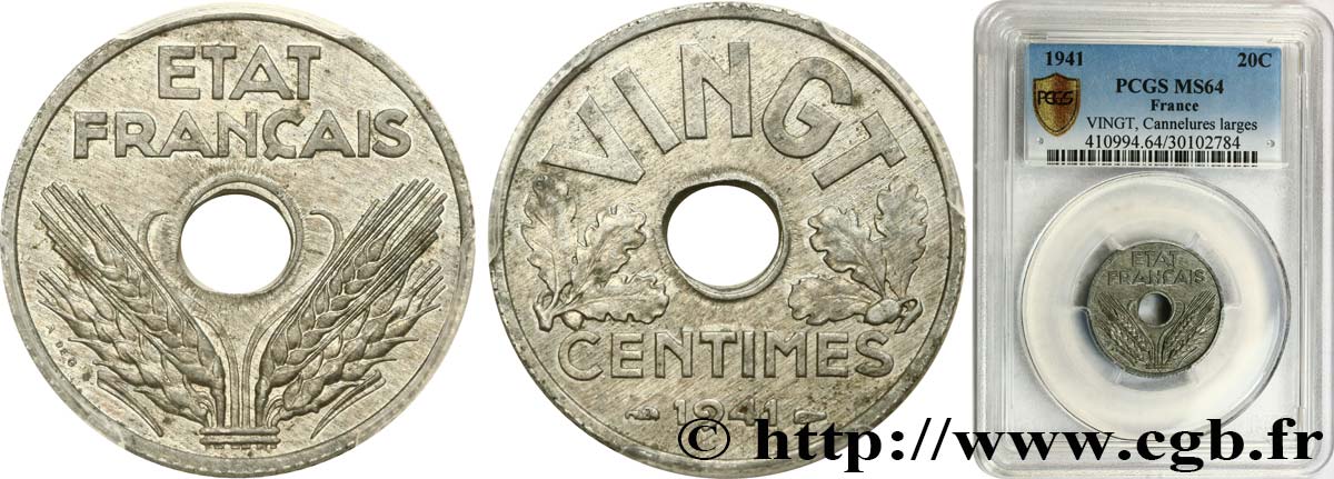 VINGT centimes État français, cannelures larges 1941  F.152/3 MS64 PCGS