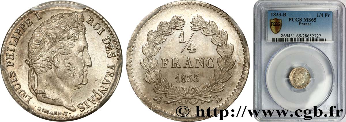 1/4 franc Louis-Philippe 1833 Rouen F.166/31 MS65 PCGS