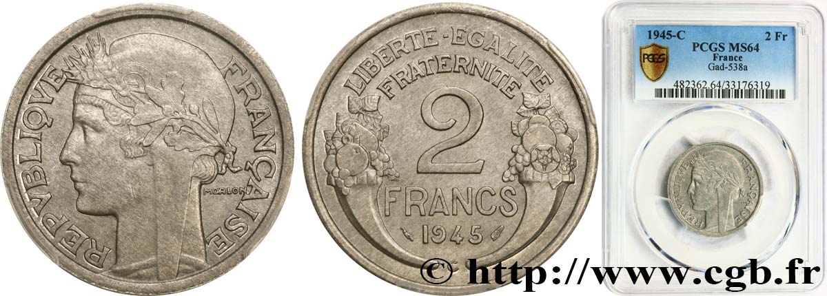 2 francs Morlon, aluminium 1945 Castelsarrasin F.269/7 MS64 PCGS