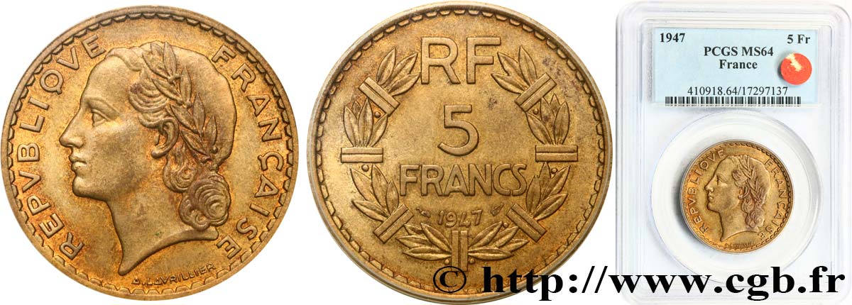 5 francs Lavrillier, bronze-aluminium 1947  F.337/9 fST64 PCGS