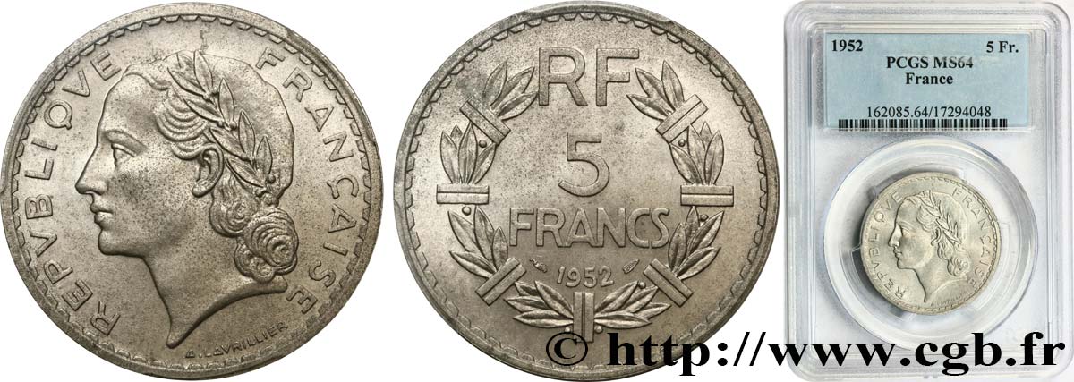 5 francs Lavrillier, aluminium 1952  F.339/22 fST64 PCGS