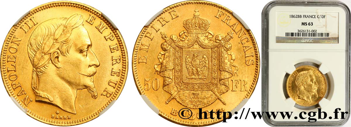 50 francs or Napoléon III, tête laurée 1862 Strasbourg F.548/2 MS63 NGC