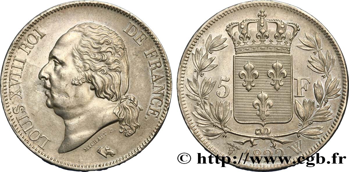 5 francs Louis XVIII, tête nue 1822 Lille F.309/75 SUP55 