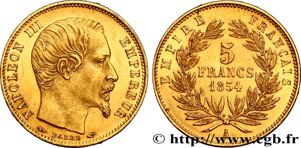 5 francs or Napoléon III, tête nue, petit module, tranche lisse 1854 Paris F.500/1 VZ62 