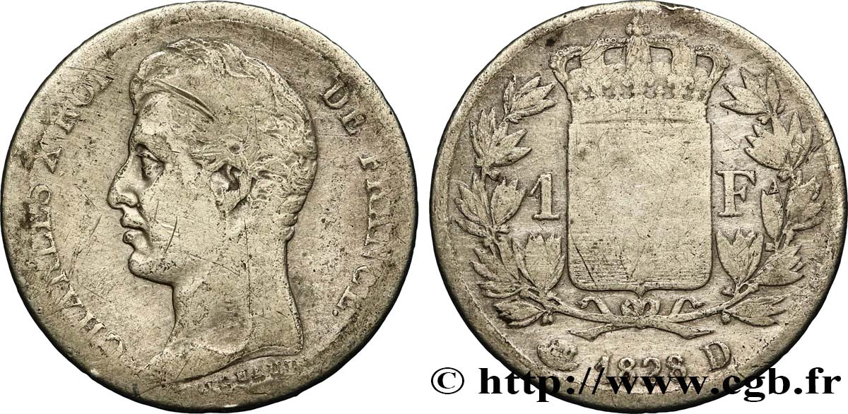 1 franc Charles X, matrice du revers à quatre feuilles 1828 Lyon F.207A/ RC10 