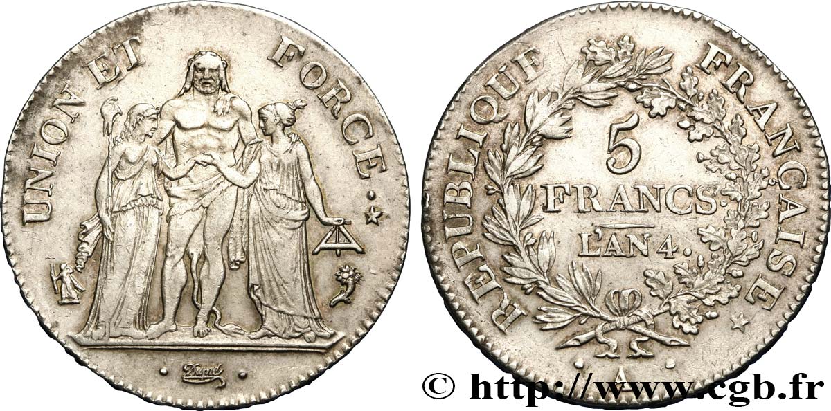 5 francs Union et Force, Union serré, avec glands intérieurs et gland extérieur 1796 Paris F.288/1 MBC53 