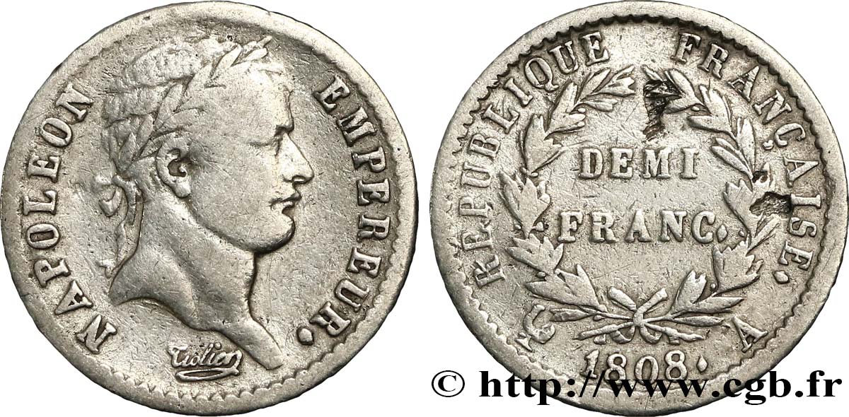 Demi-franc Napoléon Ier tête laurée, République française 1808 Paris F.177/2 B12 