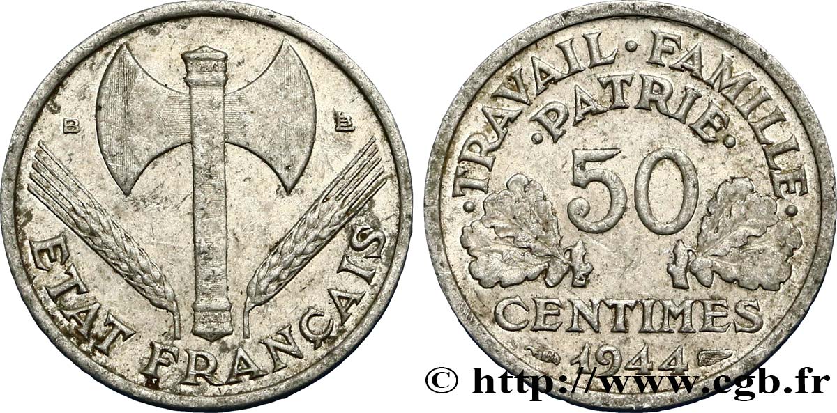 50 centimes Francisque, légère 1944 Beaumont-Le-Roger F.196/5 XF40 