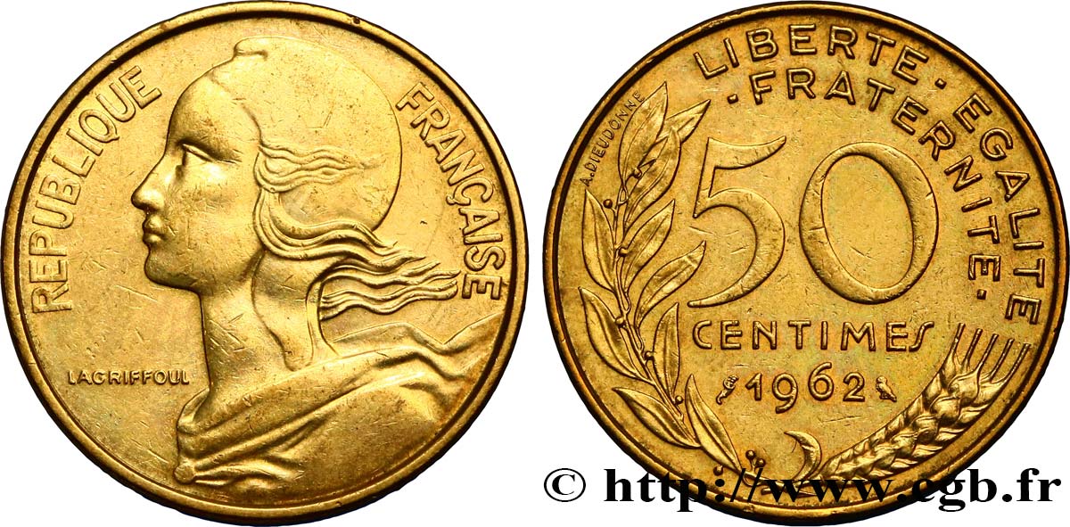 50 centimes Marianne, col à trois plis 1962 Paris F.197/2 AU54 