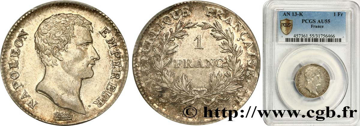 1 franc Napoléon Empereur, Calendrier révolutionnaire 1805 Bordeaux F.201/21 AU55 PCGS