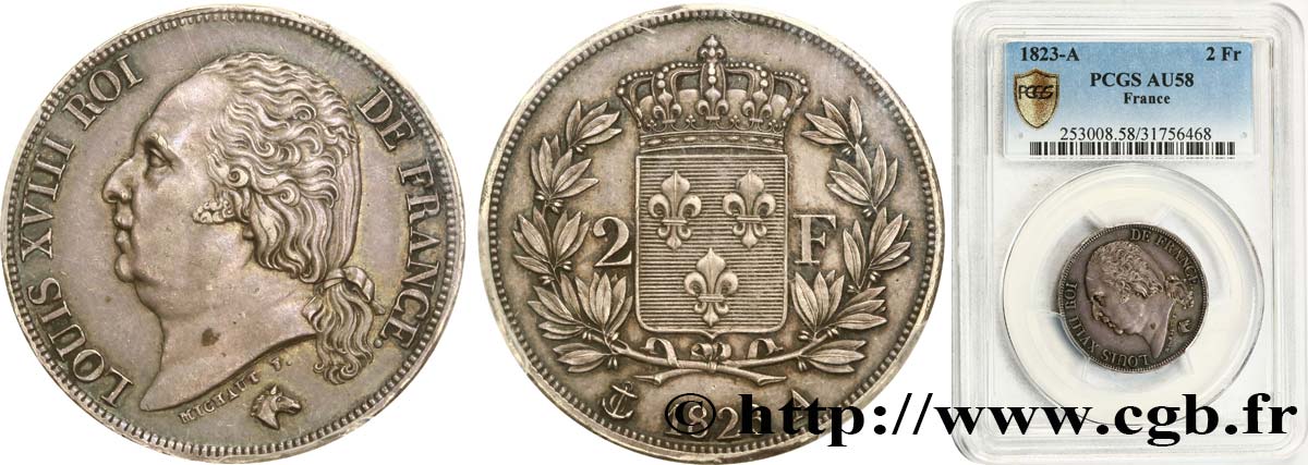 2 francs Louis XVIII 1823 Paris F.257/42 SUP58 PCGS