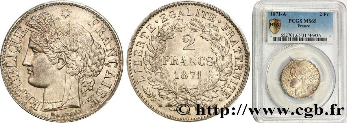 2 francs Cérès, avec légende 1871 Paris F.265/4 ST65 PCGS