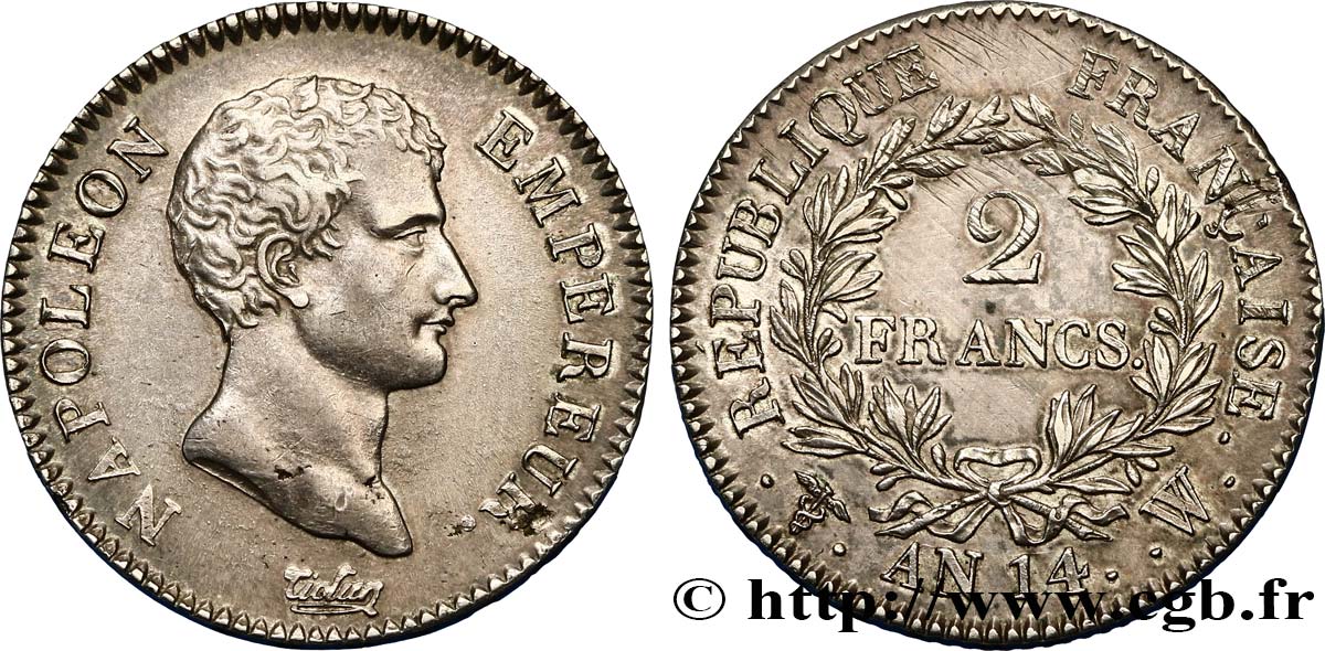 2 francs Napoléon Empereur, Calendrier révolutionnaire 1805 Lille F.251/35 MBC52 