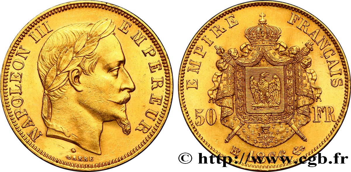 50 francs or Napoléon III, tête laurée 1866 Strasbourg F.548/7 EBC55 