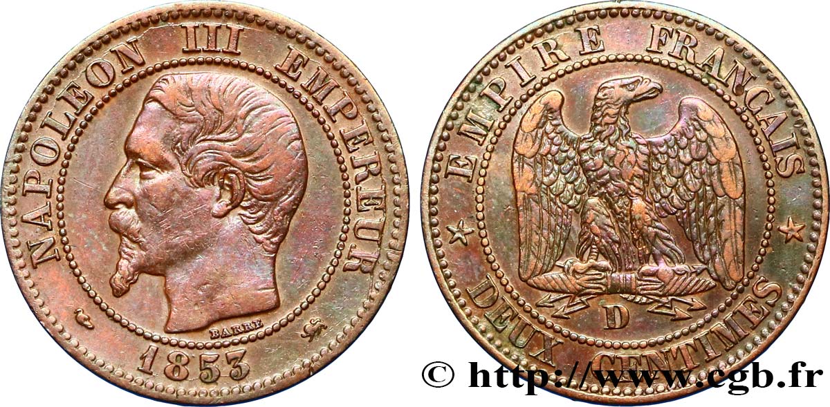 Deux centimes Napoléon III, tête nue, grand D et petit lion 1853 Lyon F.107/4 XF45 
