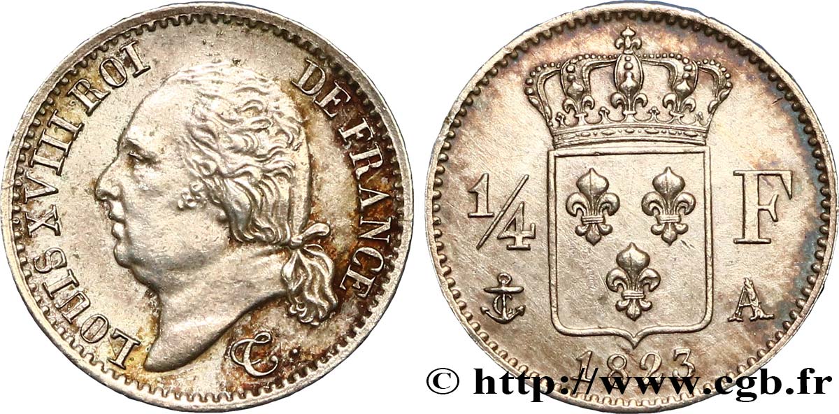 1/4 franc Louis XVIII 1823 Paris F.163/24 AU55 