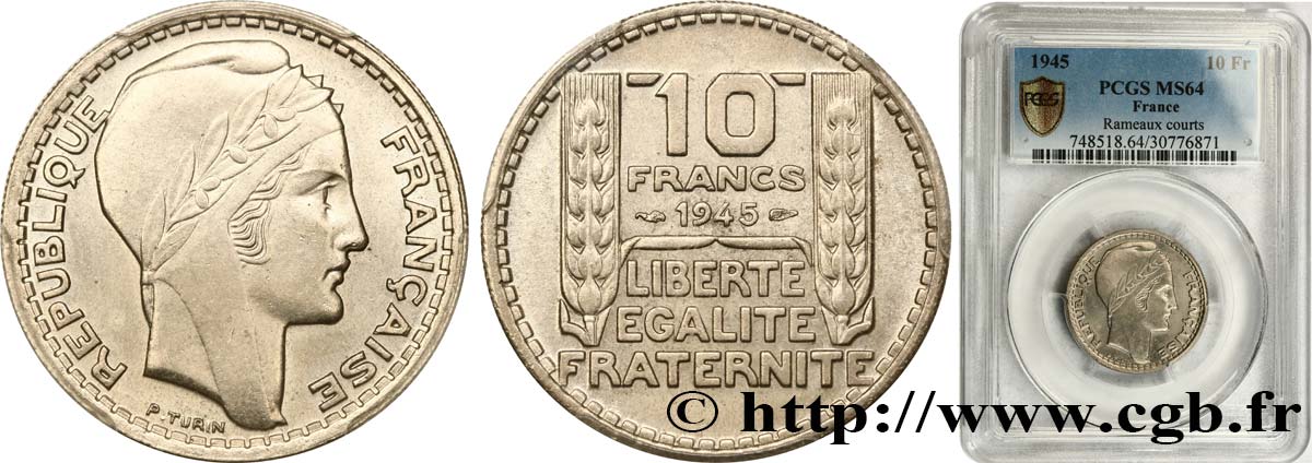 10 francs Turin, grosse tête, rameaux courts 1945  F.361A/1 SC64 PCGS