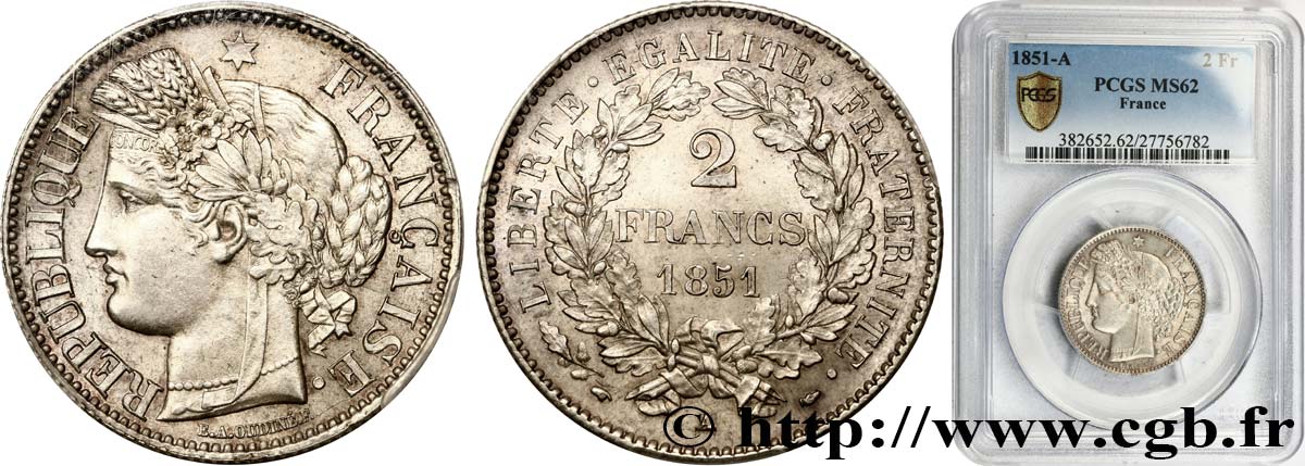 2 francs Cérès, IIe République 1851  Paris F.261/7 EBC62 PCGS