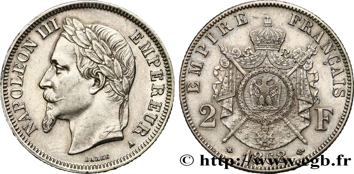 2 francs Napoléon III, tête laurée 1868 Paris F.263/8 MBC52 