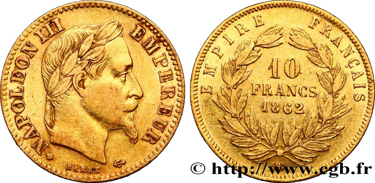 10 francs or Napoléon III, tête laurée 1862 Strasbourg F.507/2 TTB45 