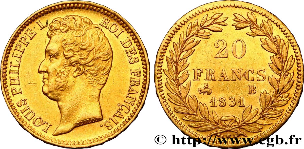 20 francs or Louis-Philippe, Tiolier, tranche inscrite en relief 1831 Rouen F.525/3 AU52 
