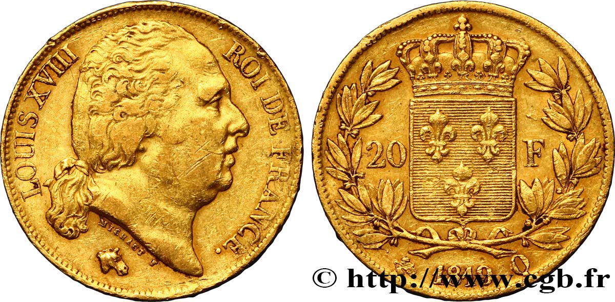 20 francs or Louis XVIII, tête nue 1819 Perpignan F.519/16 TTB45 