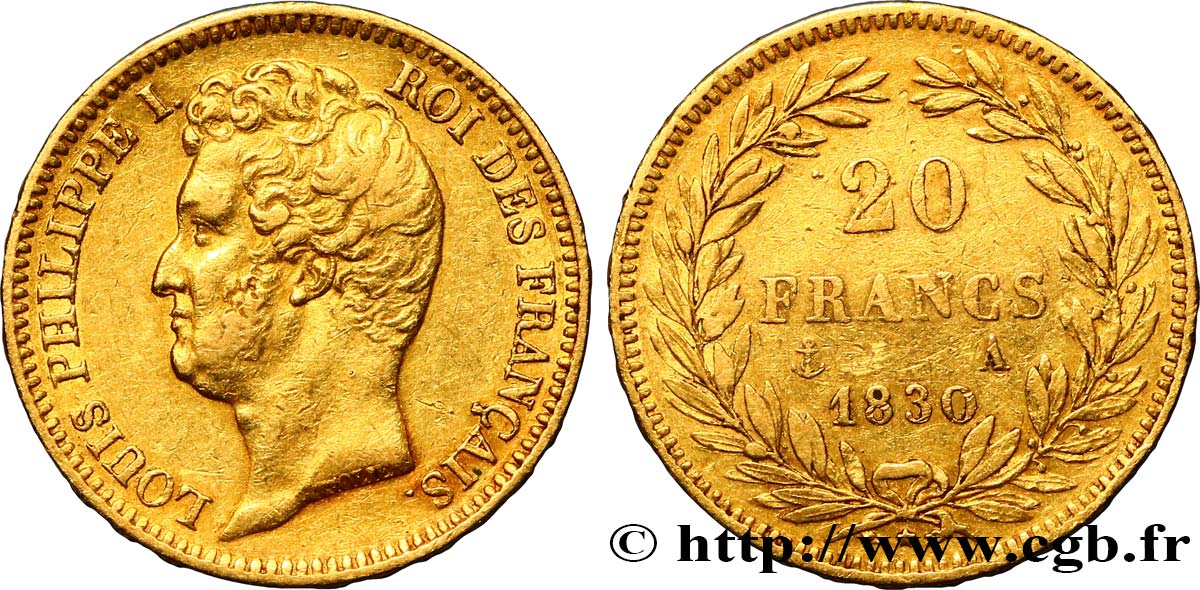 20 francs or Louis-Philippe, Tiolier, tranche inscrite en relief 1830 Paris F.525/1 SS42 