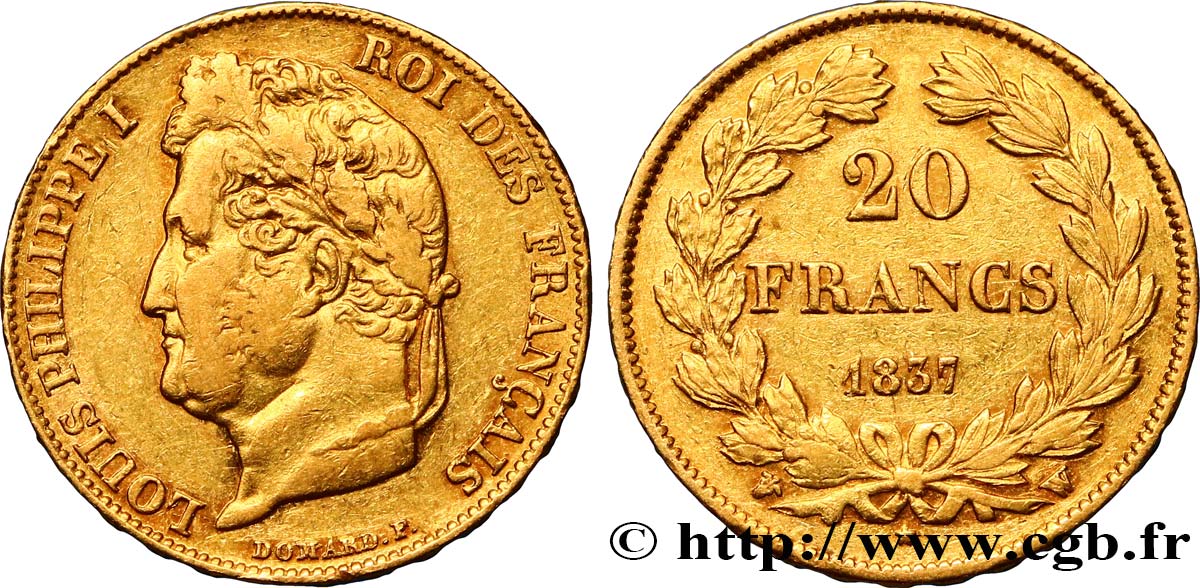 20 francs or Louis-Philippe, Domard 1837 Lille F.527/17 SS40 