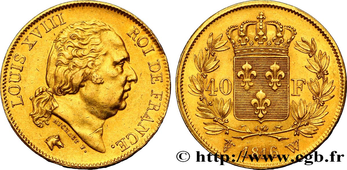 40 francs or Louis XVIII 1816 Lille F.542/5 AU52 