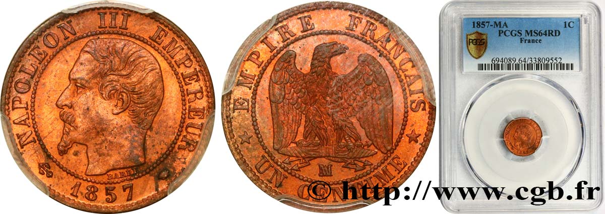 Un centime Napoléon III, tête nue 1857 Marseille F.102/37 SPL64 PCGS