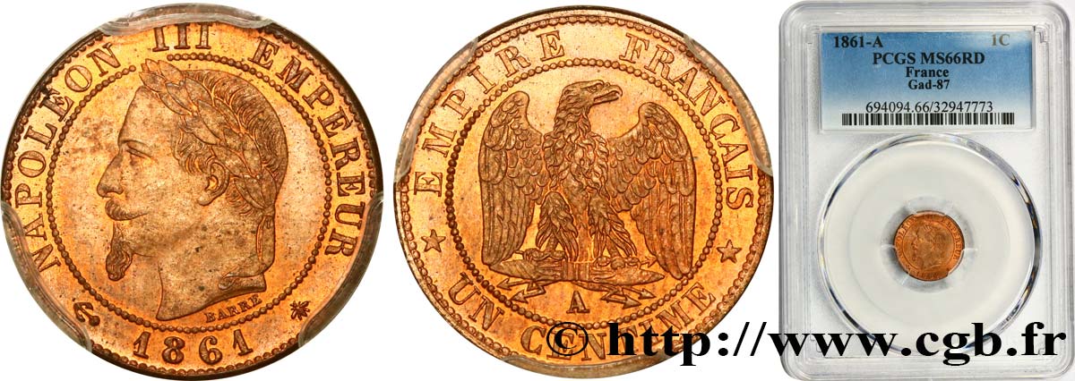 Un centime Napoléon III, tête laurée 1861 Paris F.103/1 FDC66 PCGS