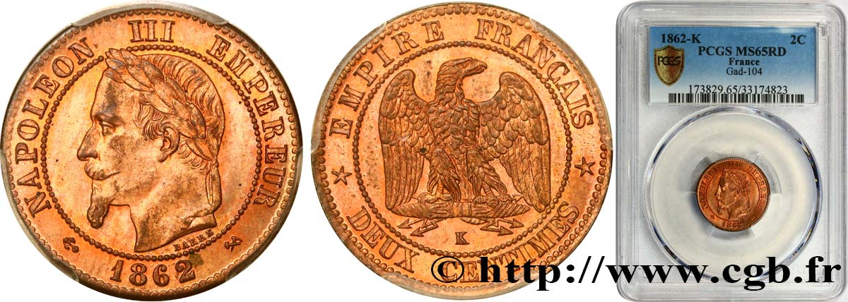 Deux centimes Napoléon III, tête laurée 1862 Bordeaux F.108A/7 FDC65 PCGS