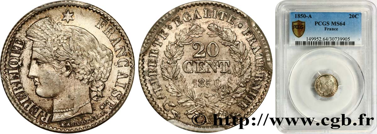 20 centimes Cérès, IIe République 1850 Paris F.146/2 SPL64 PCGS