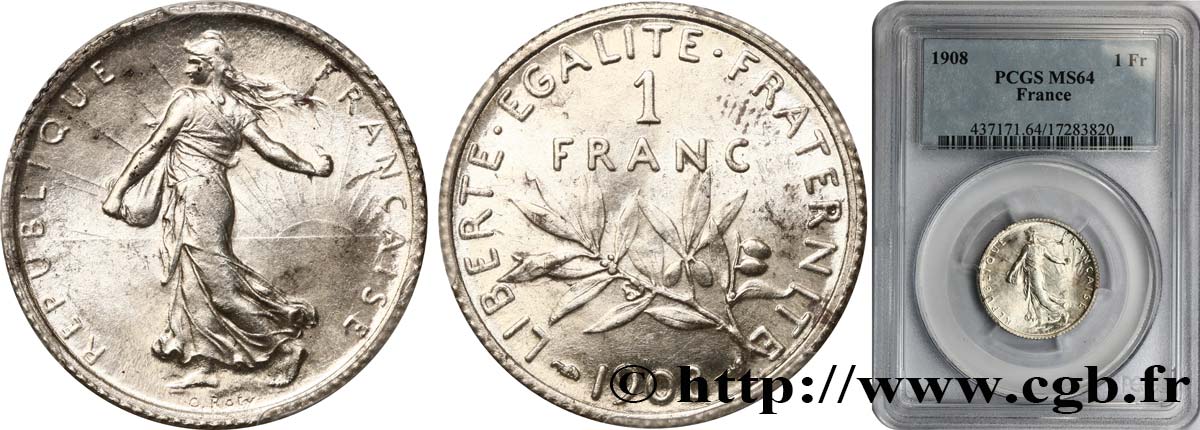 1 franc Semeuse 1908 Paris F.217/13 SC64 PCGS