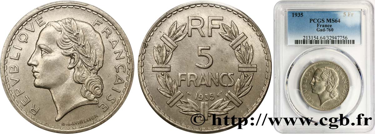 5 francs Lavrillier, nickel 1935  F.336/4 MS64 PCGS