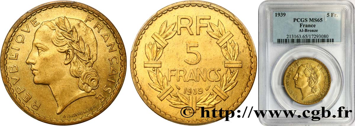 5 francs Lavrillier, bronze-aluminium 1939  F.337/3 ST65 PCGS