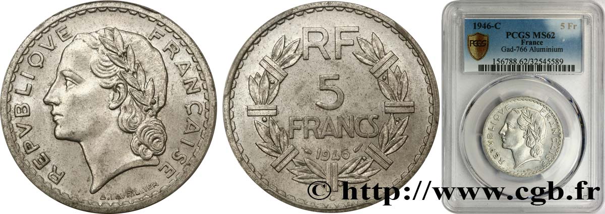 5 francs Lavrillier, aluminium 1946 Castelsarrasin F.339/8 SPL62 PCGS