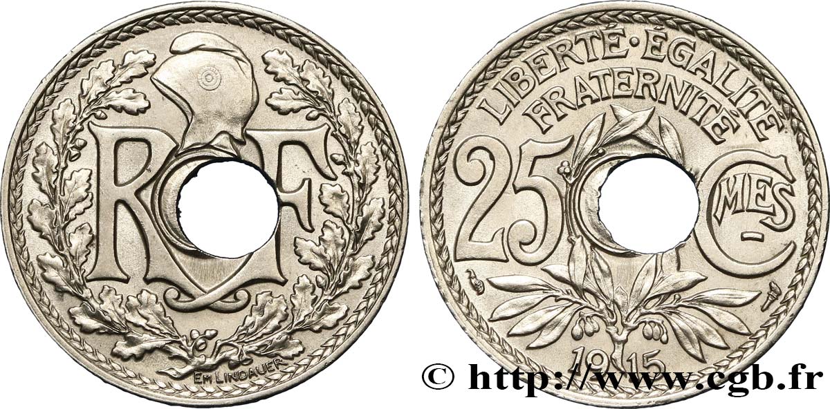25 centimes Lindauer, Cmes souligné, perforation décalée 1915  F.170/3 var. MS63 
