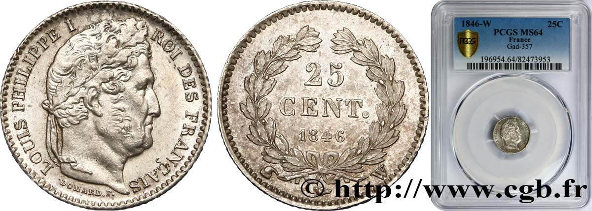 25 centimes Louis-Philippe 1846 Lille F.167/8 MS64 PCGS