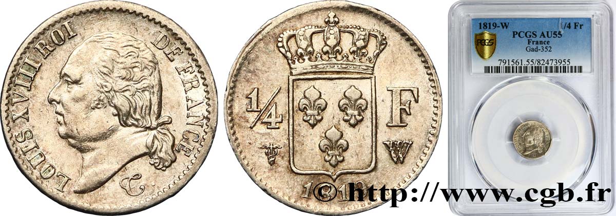 1/4 franc Louis XVIII 1819 Lille F.163/17 AU55 PCGS