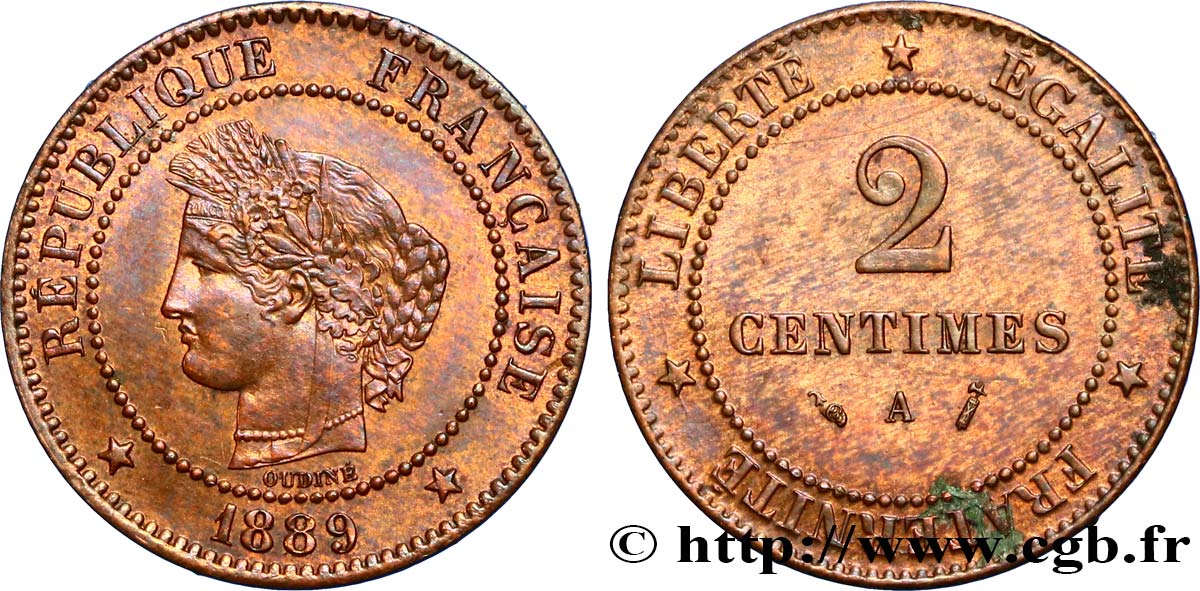 2 centimes Cérès 1889 Paris F.109/15 AU55 