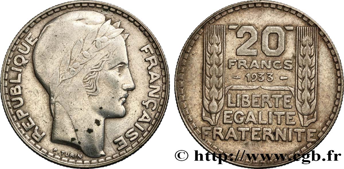20 francs Turin, rameaux longs 1933  F.400/5 VF25 